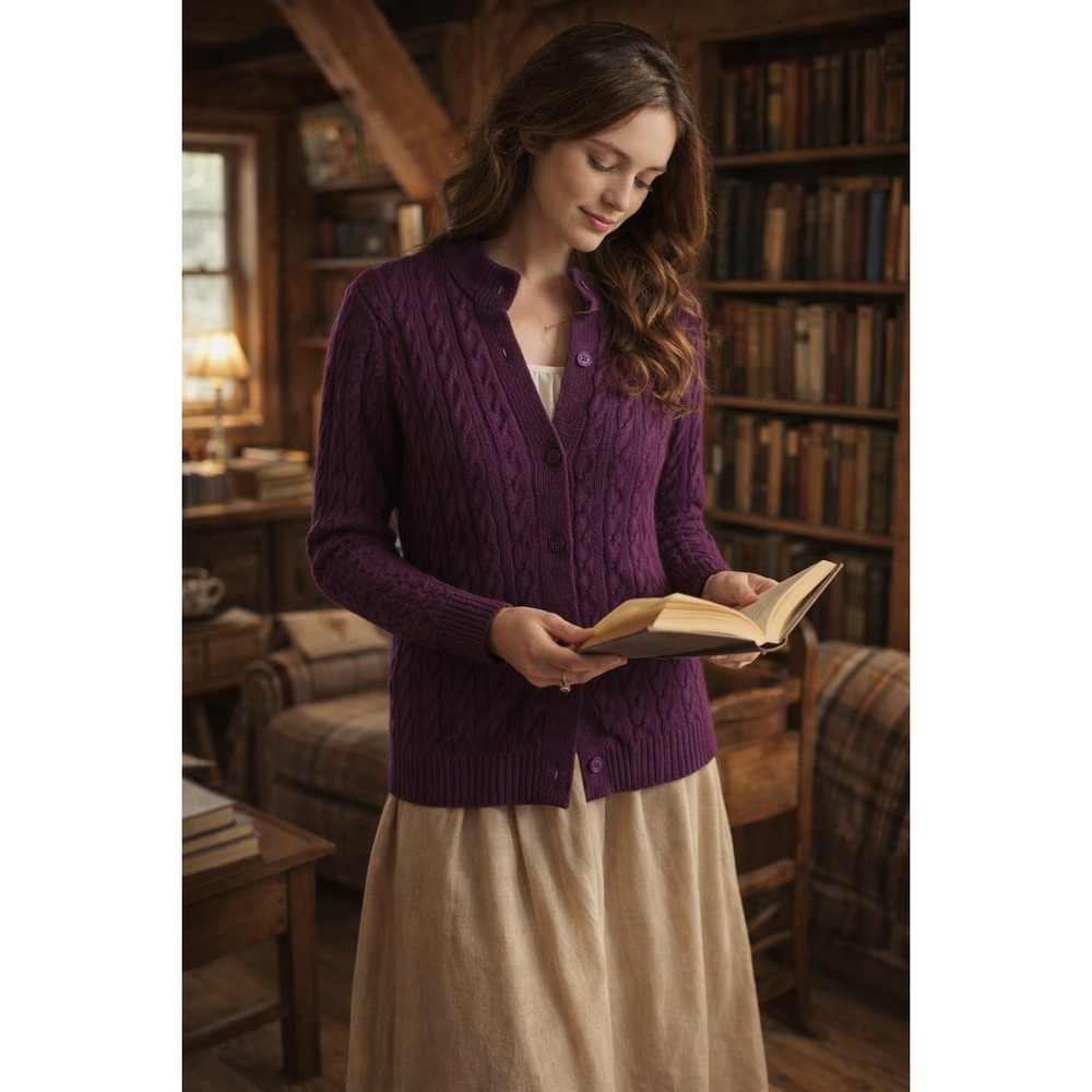 L.L.Bean Purple Cable Knit Sweater‎ Small Button Up Ribbed Women's Fall Winter